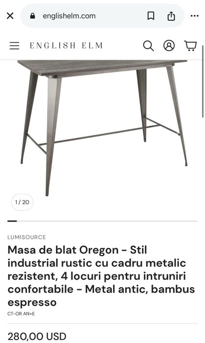 Masa de bar Lumisource cu cadru metal / blat de bambus presat