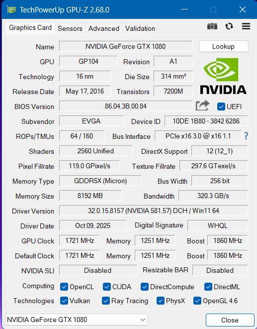EVGA GTX 1080 FTW ACX 3.0 | 8GB, GDDR5X, 256-bit