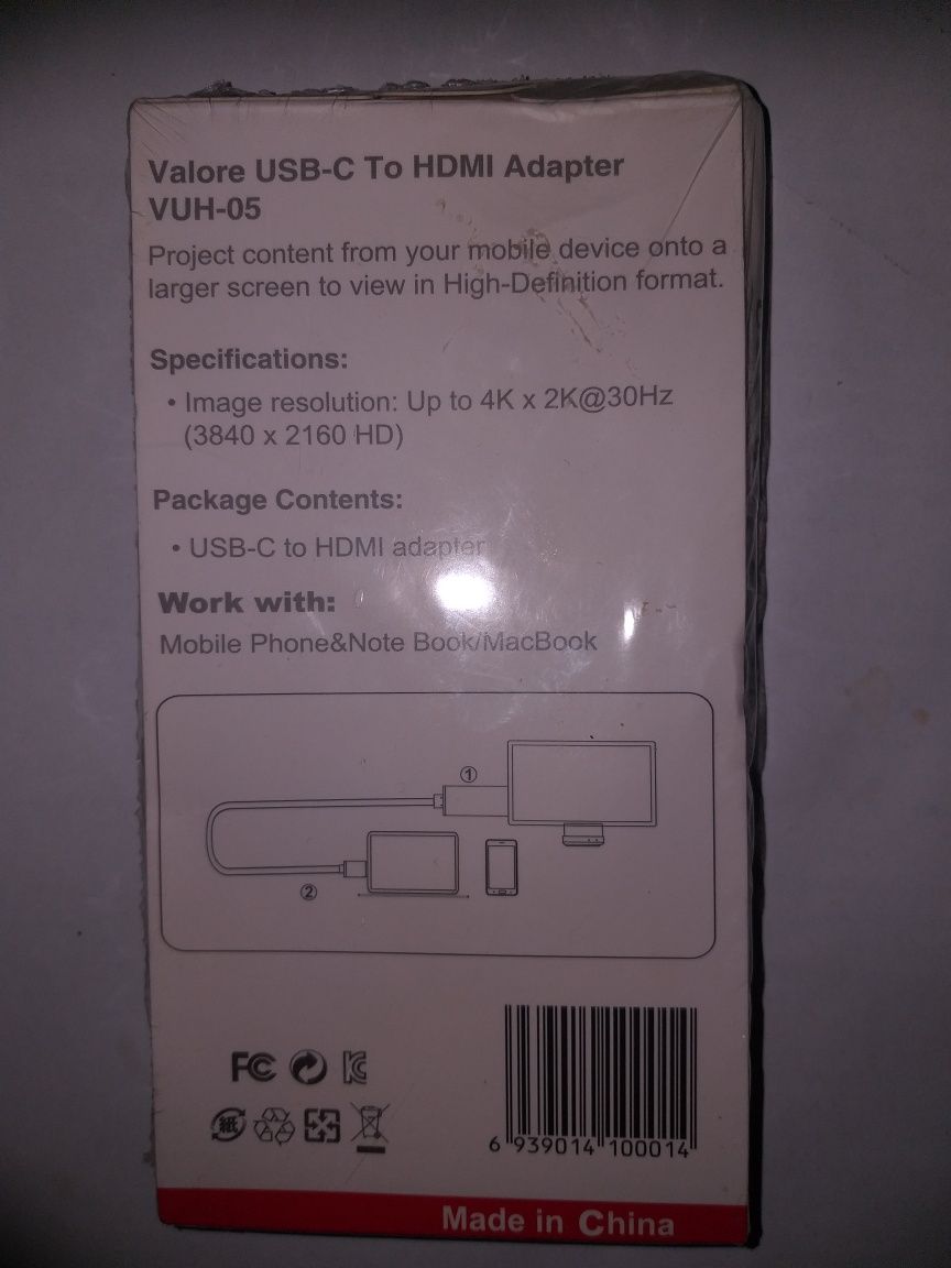 Cablu Valore UH-05, USB Tip C la HDMI, 2 metri, nou.