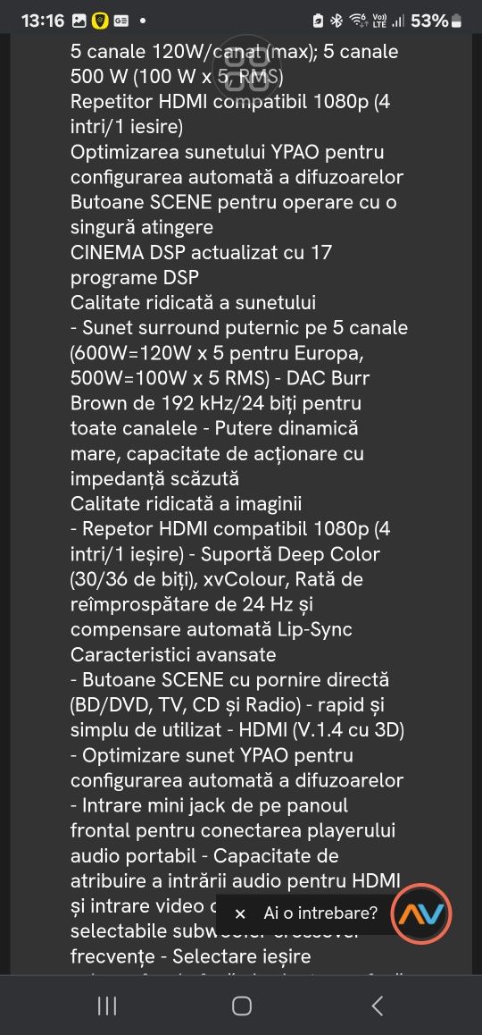 Av Receiver 5.1 YAMAHA rx-v367 cu Hdmi și telecomanda