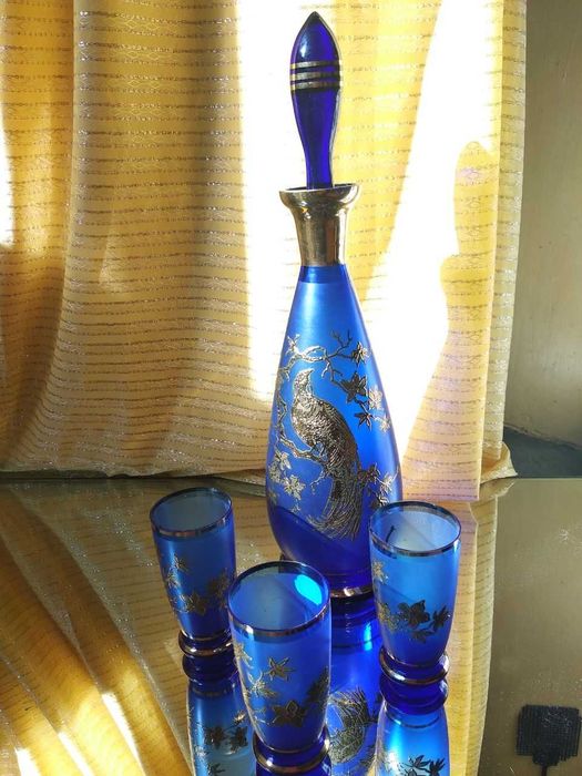 Графин "Золотой Павлин" и 3 стопки. Чехословакия 60-е годы
