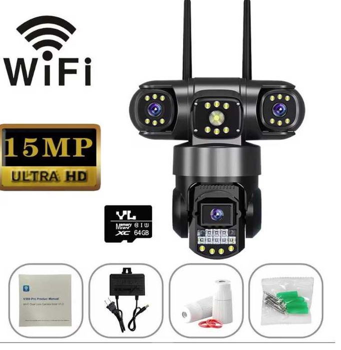 Camera Supraveghere WIFI 15MP 8K 3 lentile + Micro SD 64 GB