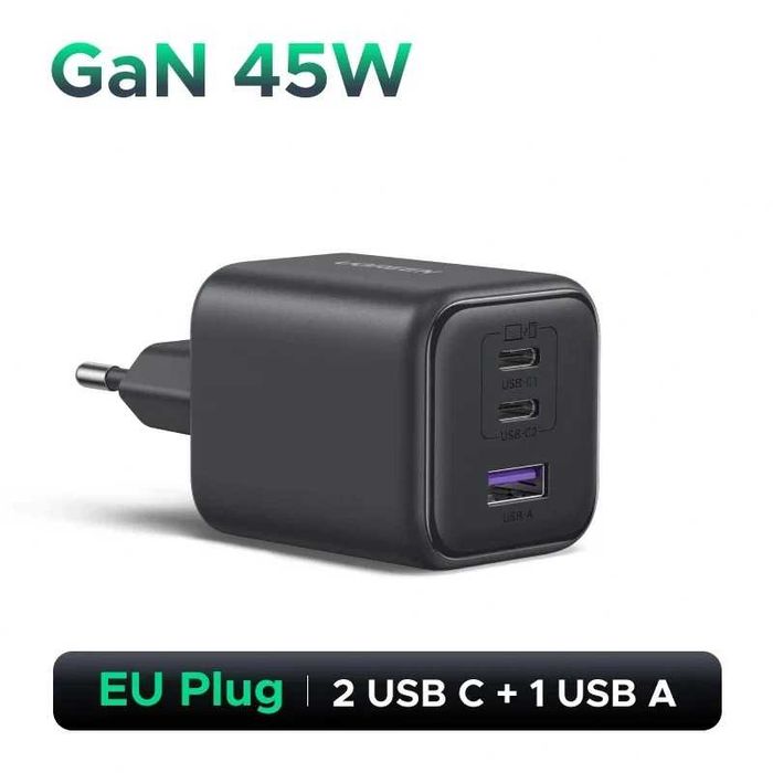 UGreen GaN Зарядно-Адаптер 45W с Три Порта - Бързо зареждане