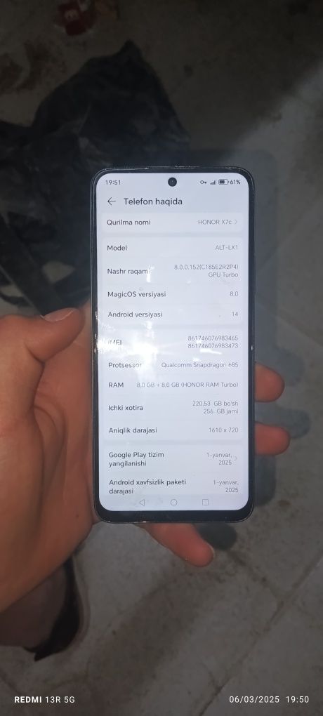 Honor x7 c 1 oy kafolati bilan
