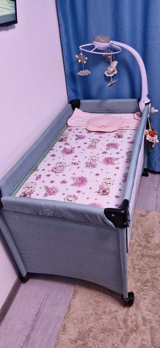 Patut bebelusi cu 2 nivele turcoaz +Saltea cu husa detasabila