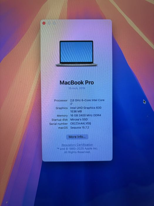 Apple Macbook Pro 15” i7 2.6 Ghz, RAM 16 Gb, SSD 240 Gb (2019) - A1990