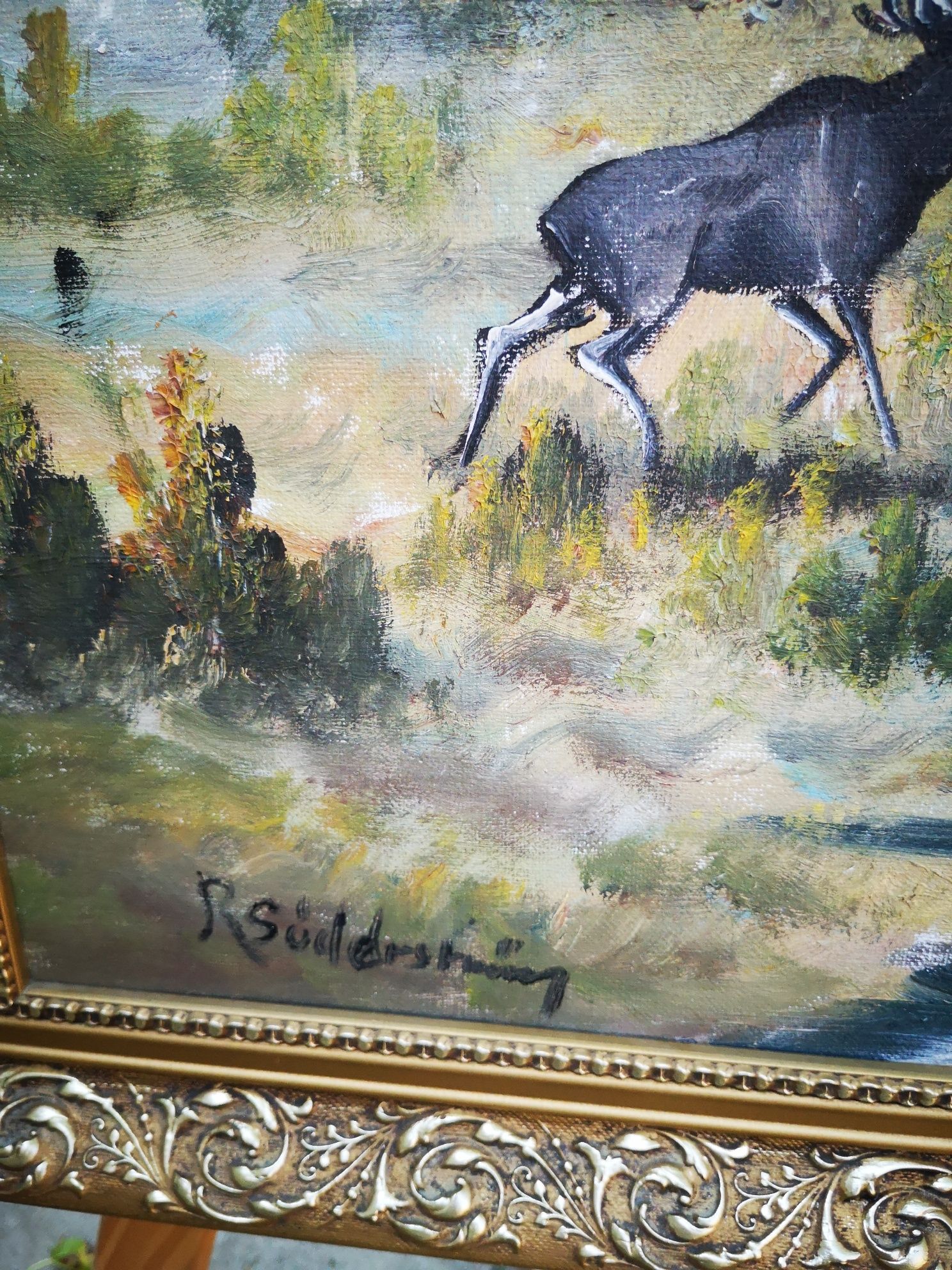 Стара ловна авторска картина рисувана с маслени бои върху платно
