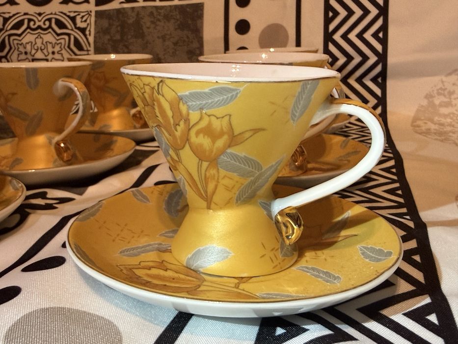 Set 6 cești porțelan Japonez Yamasen placate aur 24k, Retro-Vintage