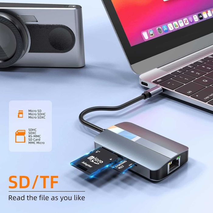 Hub usb-c 5 in 1, cititor carduri SD/TF, usb, port ethernet, Pret Fix