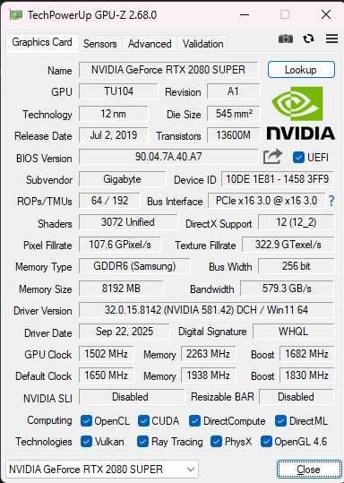 Nvidia Geforce RTX 2080 Super OC, Gigabyte