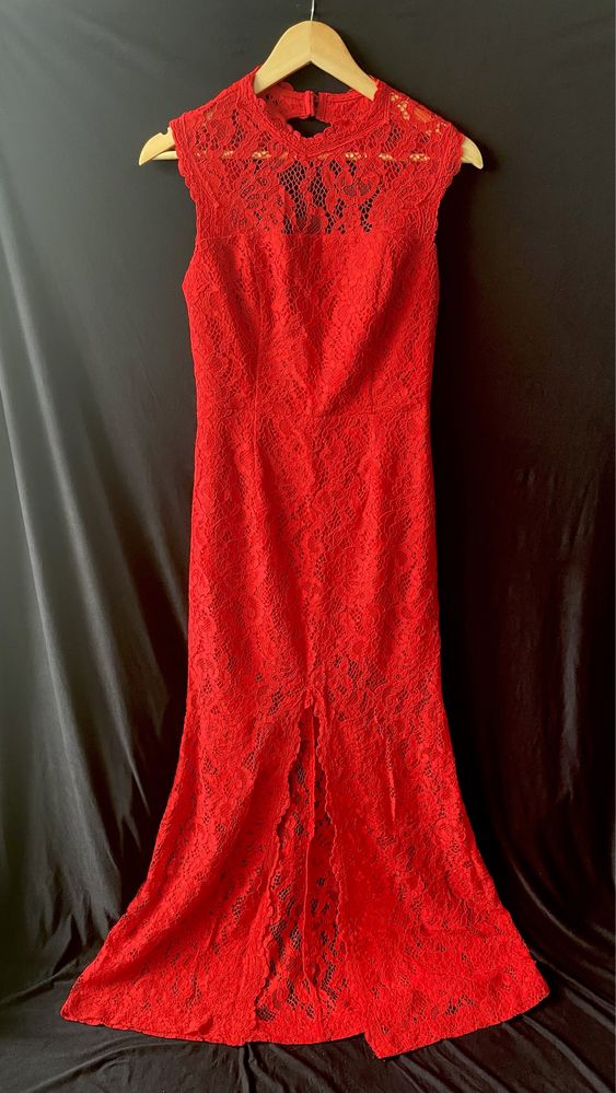 Официална червена бална дълга рокля от дантела