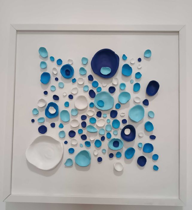 Tablou modern 3D alb-albastru–decor perete, lucrat manual,piesă unicat