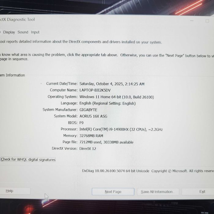Laptop Gaming AORUS 16X i9-14900HX 32GB  2x1TB SSD Nvidia RTX 4070 8GB
