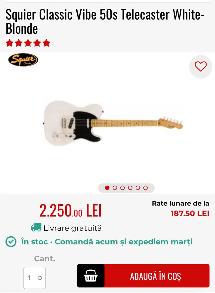 Vând chitara electrica fender squier telecaster cv 50s alb