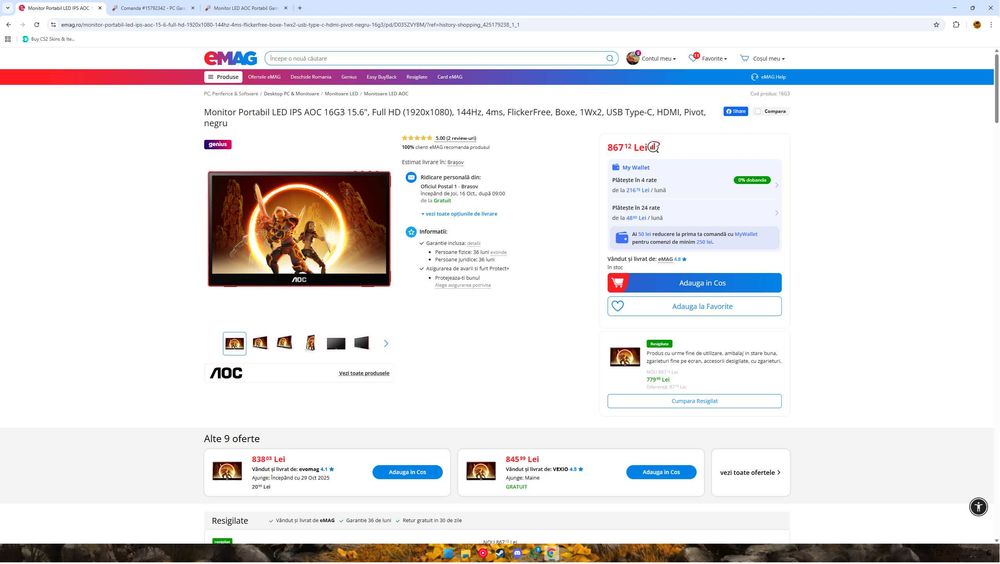 Monitor LED AOC Portabil Gaming AGON 16G3 15.6 inch FHD IPS 144 Hz