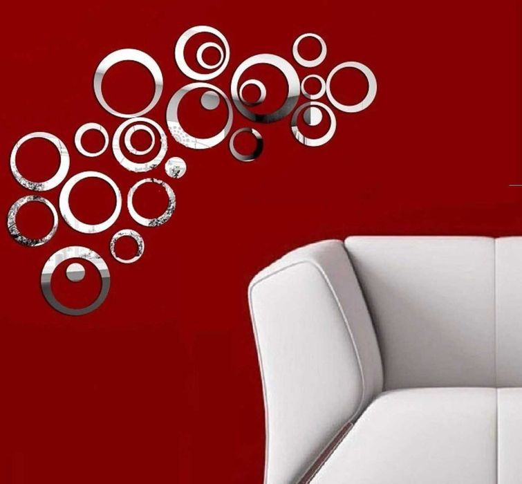 Set Oglinzi Decorative din PVC Argintii Cercuri 24 bucati/set