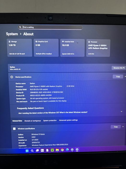 Laptop gaming ACER Nitro515-45 SSD+HDD 16gb RAM Tastarura RGB