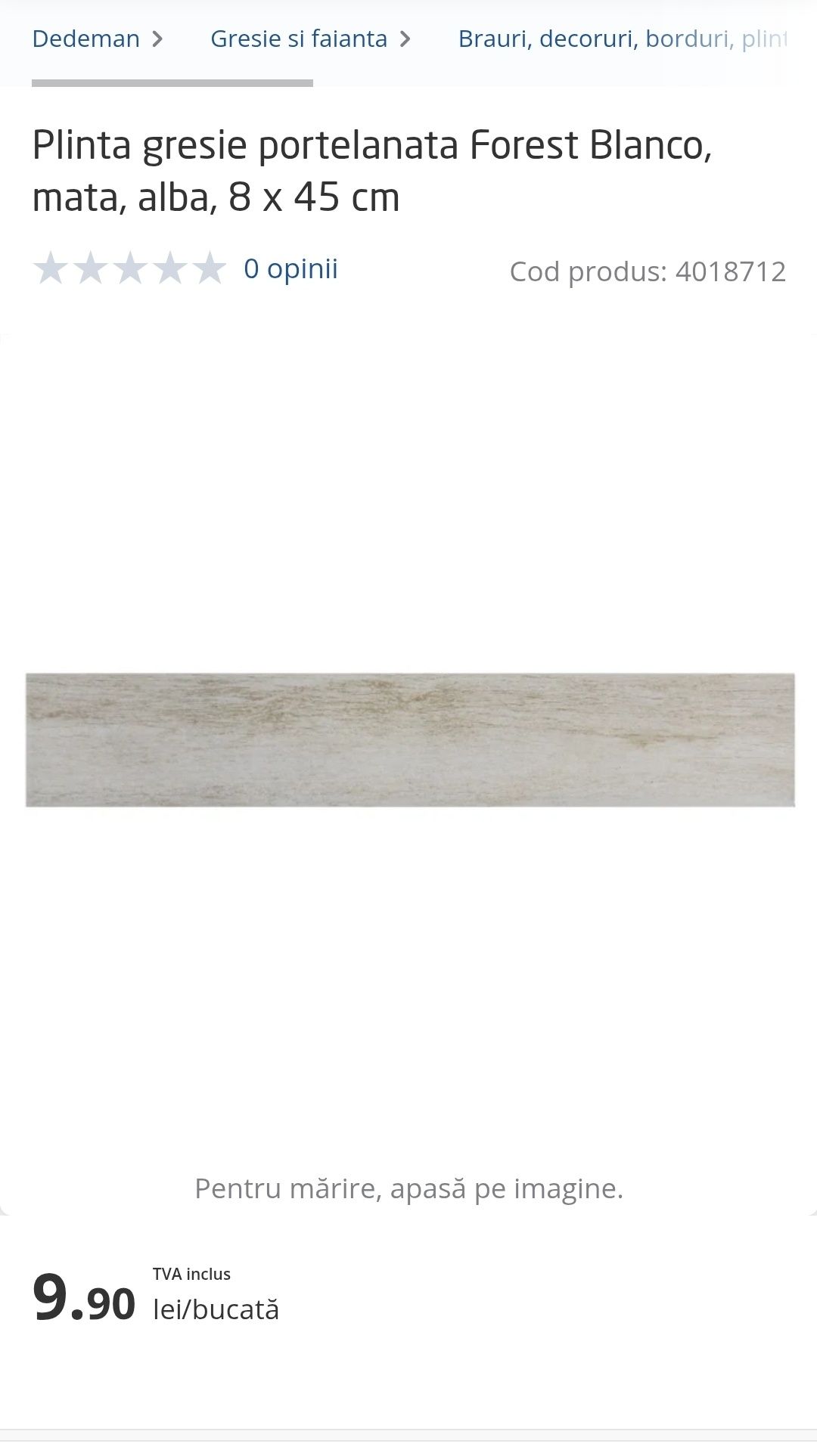 Vand PLINTA gresie portelanata Forest Blanco mata, 8 x 45cm