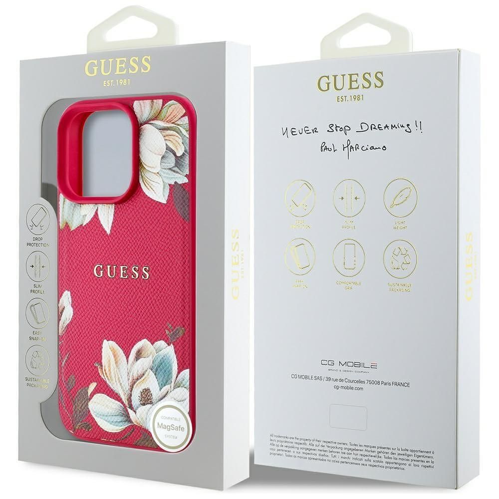 Guess grained flowers magsafe калъф за iphone 16 pro – fuchsia