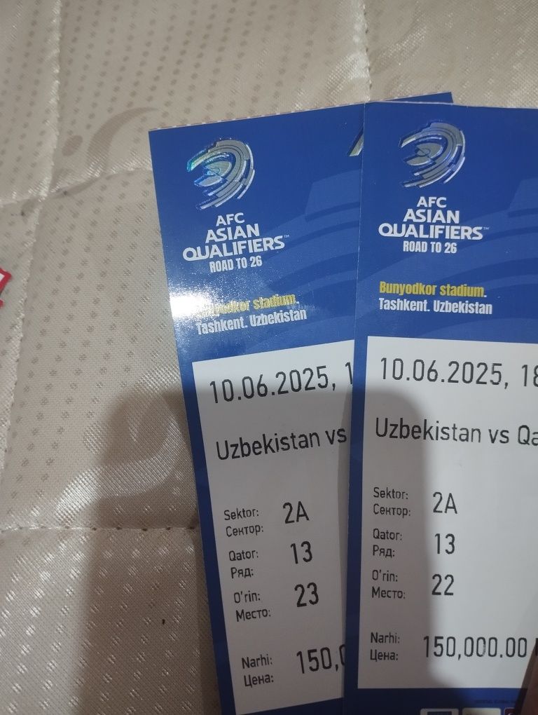 Futbol  bilet Oʻzbekiston Qatar 10 iyun soat 18-45 biletlar bor