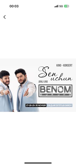 Benom guruhi uchun biletlar bor!