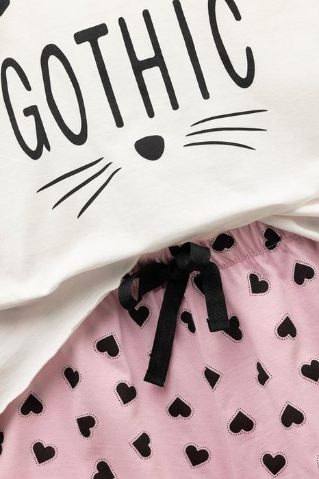 Pijama cu model si pantaloni scurti, Alb, Roz deschis, XL KOTON