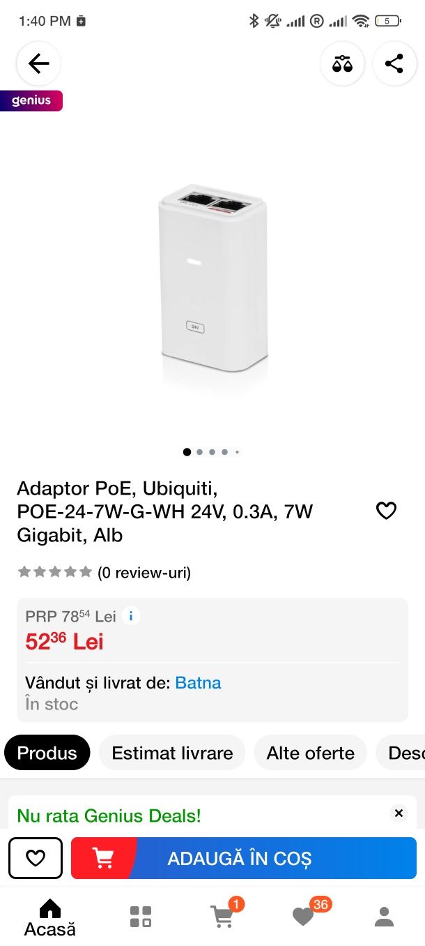 2 x Adaptor PoE, Ubiquiti, POE-24-7W-G-WH 24V, 0.3A, 7W Gigabit, Alb