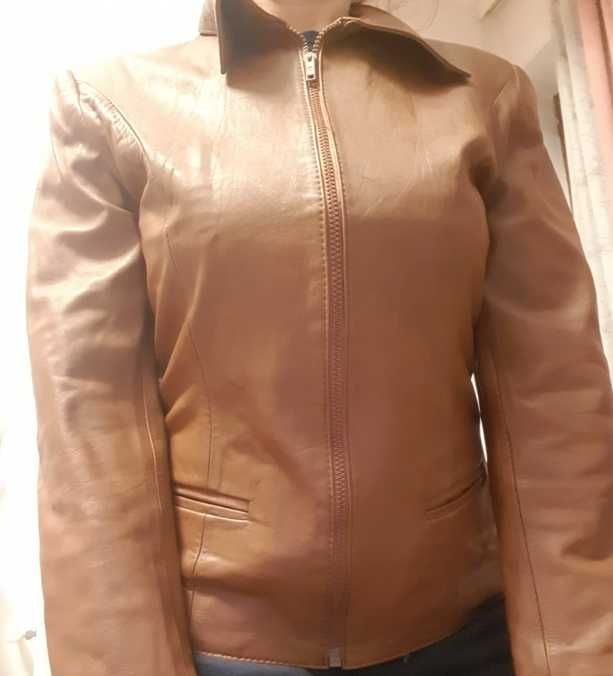 Geaca dama din piele naturala maro-marimea 40