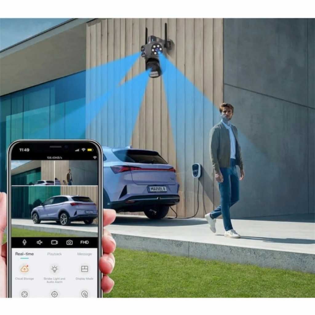 Тройна външна WiFi камера 9MP с аларма, 24 диода, iCSee, 64GB памет