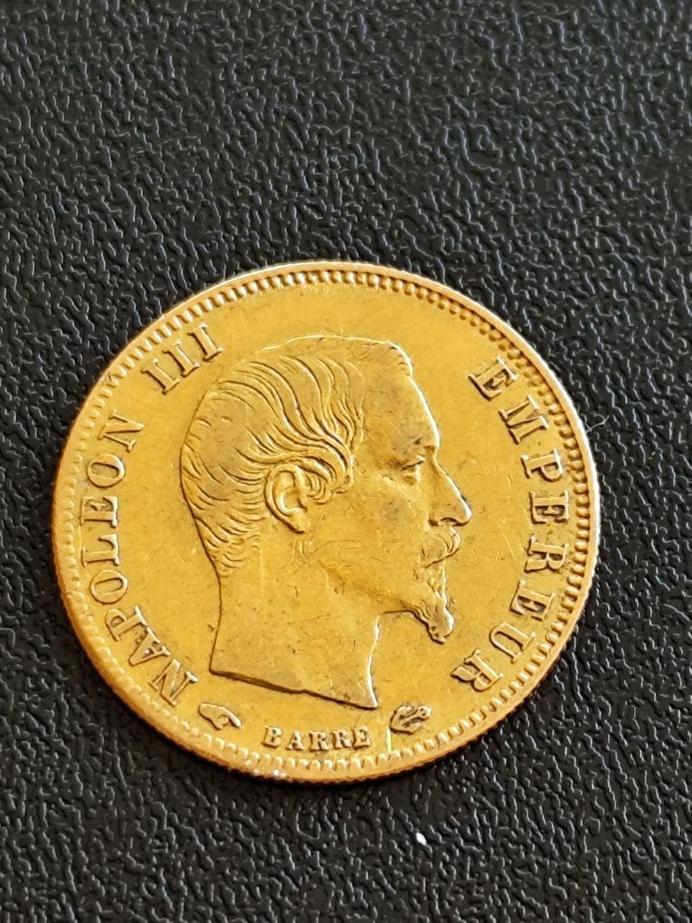 5 франка 1858 год., Наполеон III,злато 1.61 гр.,900/1000 (21.6. Карата