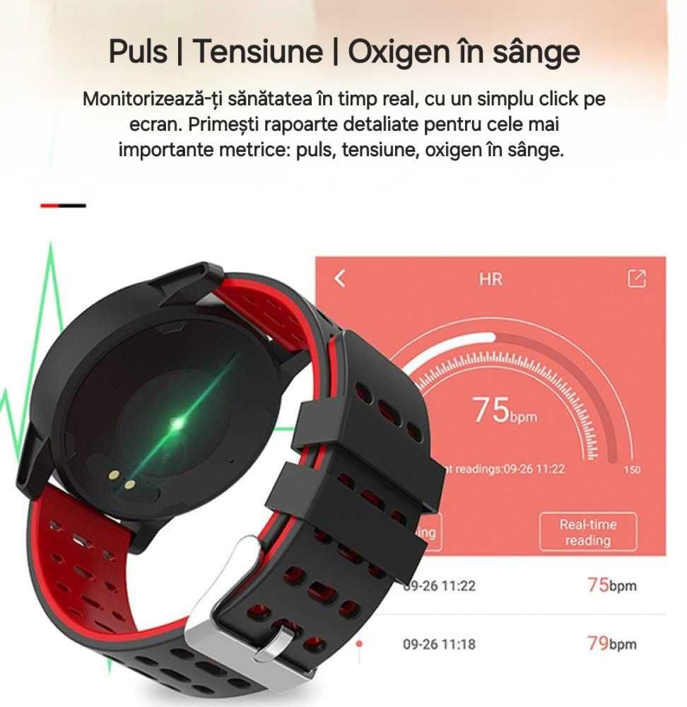 Smartwatch cu zeci de funcții. Apel/Mesaje/Sport/Sănătate. Roșu&Negru.