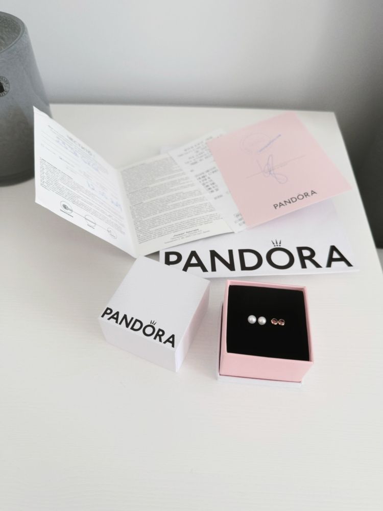 1 + 1 обеци Pandora със сертификат и кутийка Пандора перли розов камък