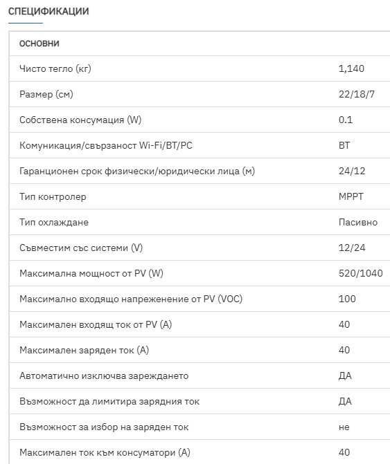 Соларен MPPT контролер 40A със Bluetooth и вход от PV до 100V