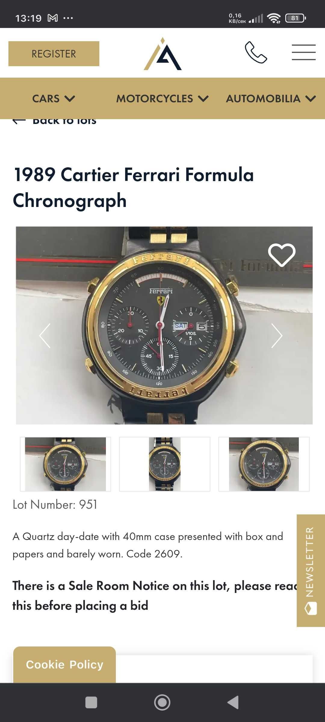 Рядък колекционерски часовник Cartier Ferrari formula 1989 day date