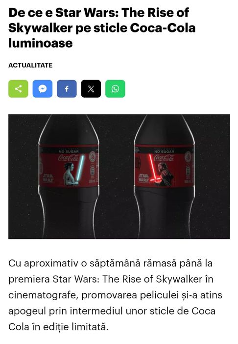 Colecție, sticle de colecție Coca-Cola UNICE în România Star Wars 2019