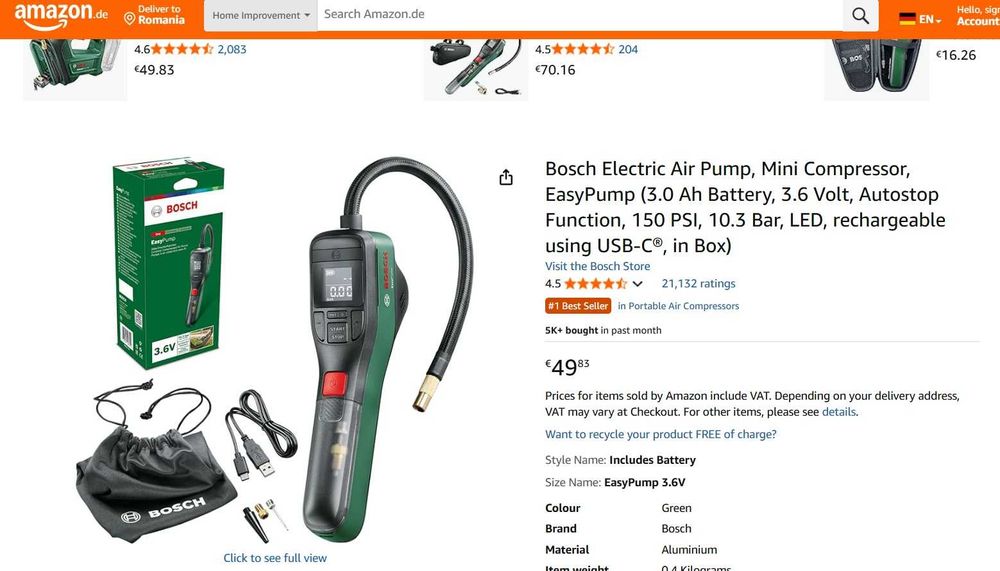 Pompa pneumatica Bosch EasyPump, 3.6 V, 3 Ah, 10 bar/150 psi