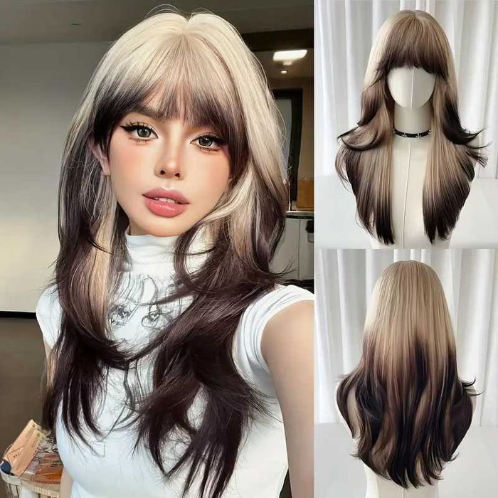 Омбре руса перука с тъмни краища и бретон