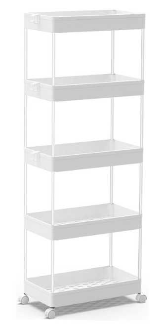 Carucior depozitare, 5 nivele, cu roti, rafturi detasabile, alb