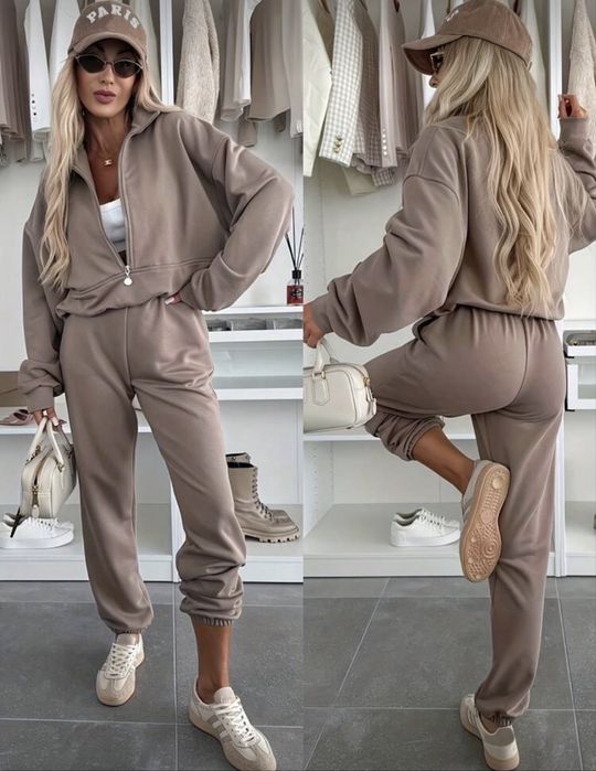 Дамски спортно-елегантен комплект от две части с цип, бежов.