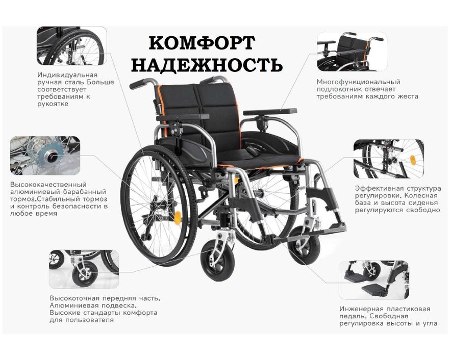 Удобное кресло-коляска с ручным приводом, шир сиденья 51 см, в коробке