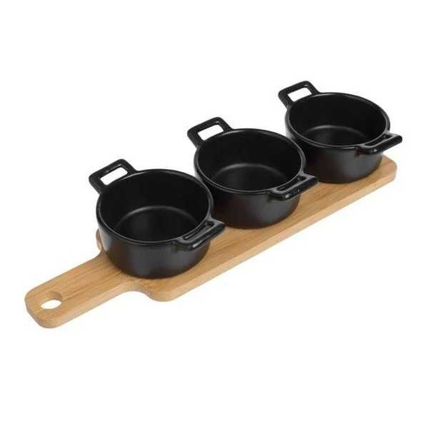 Бамбукова дъска/ поднос +3бр керамични купички, 28см