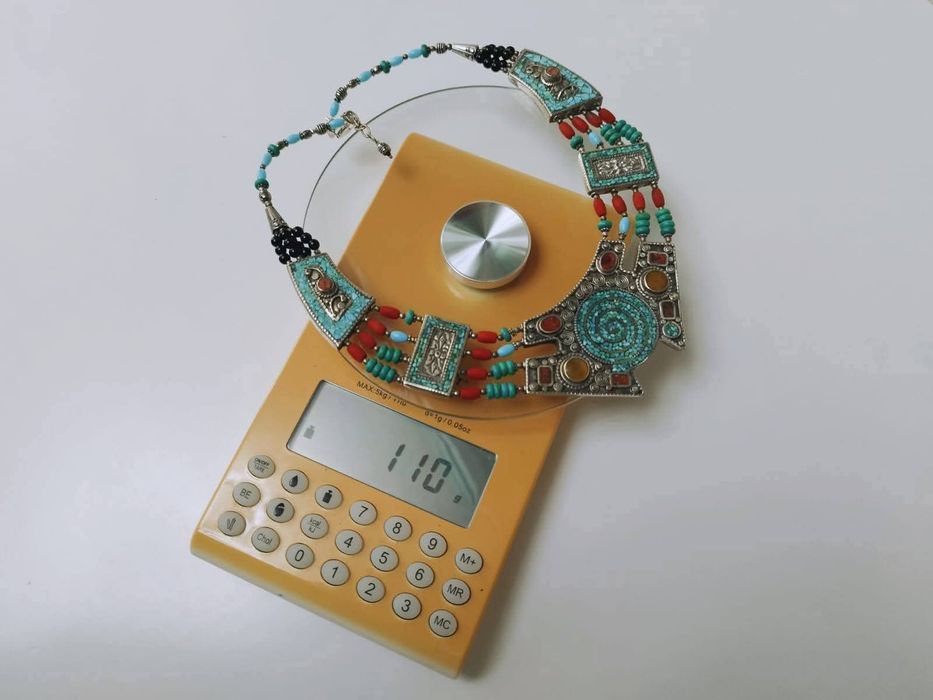 Vechi colier etnic argint de 925, lucrat manual, pietre naturale