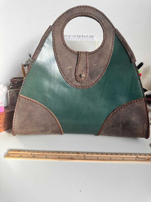 Geanta piele handmade verde - maro