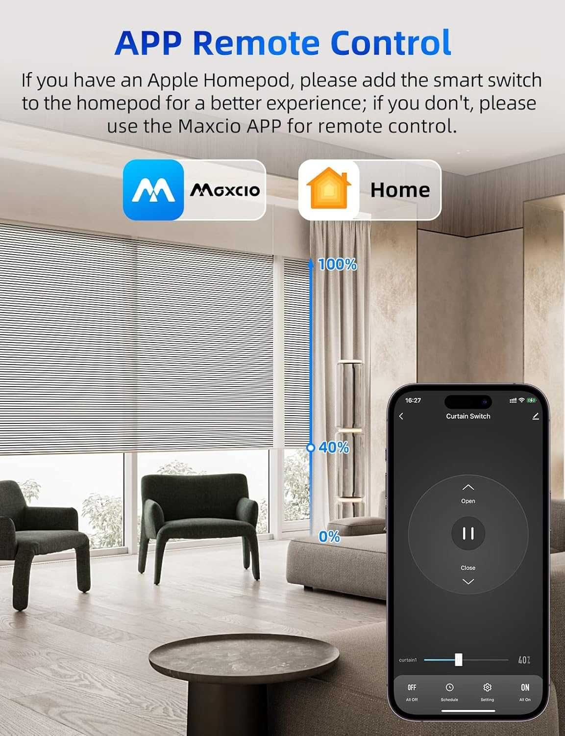 НОВ! WiFi превключвател Maxcio за завеси, APP, процент и таймер