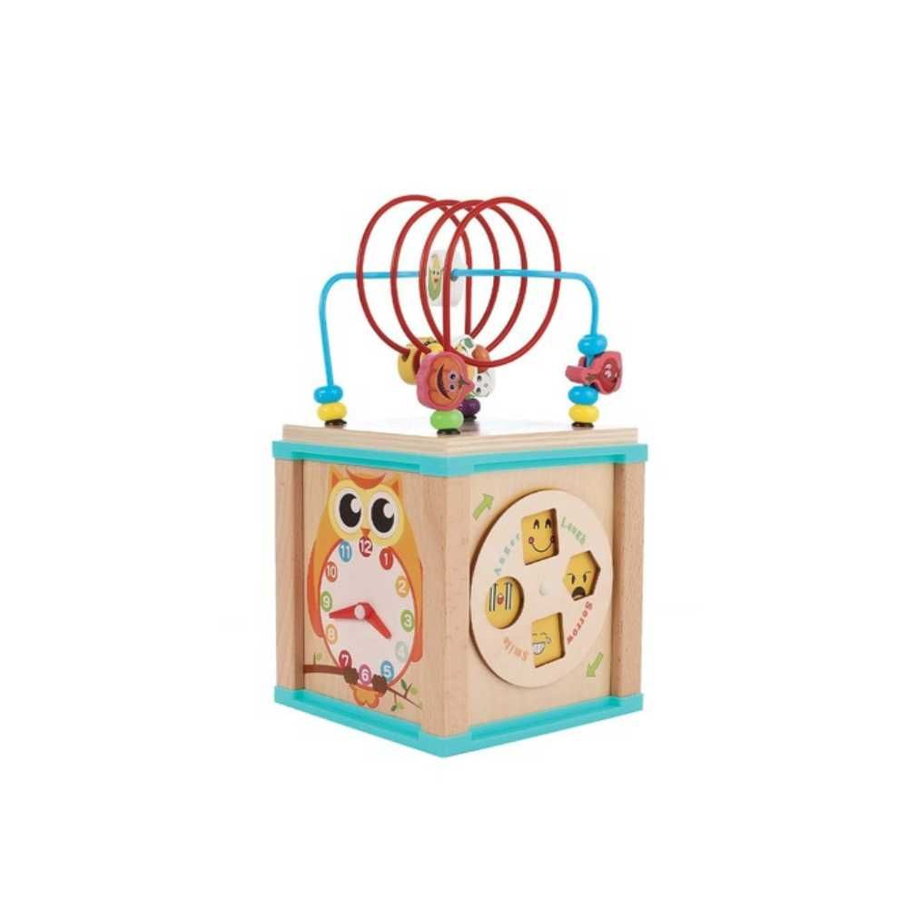 Jucarie educativa, cub din lemn cu mini jocuri, forme, abac si ceas