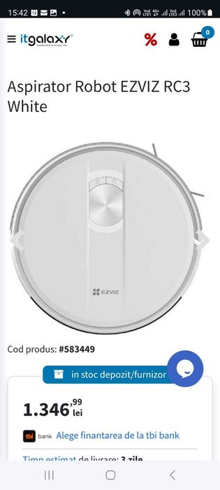 Aspirator robot EZVIZ CS-RC3-TWT2, 0.8l, 24V, max 190 min, NOU 599 Lei