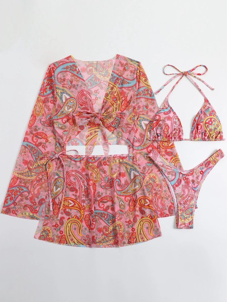 Costum de Baie C154 Roz 4 Piese cu Fusta Plaja stil Victoria Secret