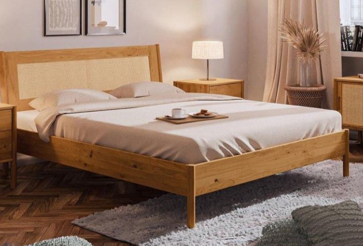 Дървено двойно легло с ратанова табла 180x200 cm рустик легло