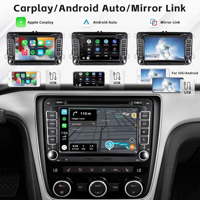Hikity CarPlay авто радио с CD/DVD за VW Golf 5/6 Passat B6/B7 7"
