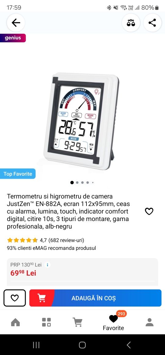 Termometru si higrometru de camera JustZen™ EN-882A, ecran 112x95mm